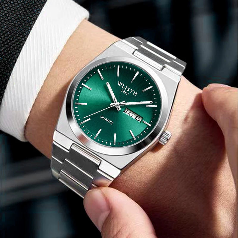 Selwyn Watch in Steel Green worn with a shirt cuff
