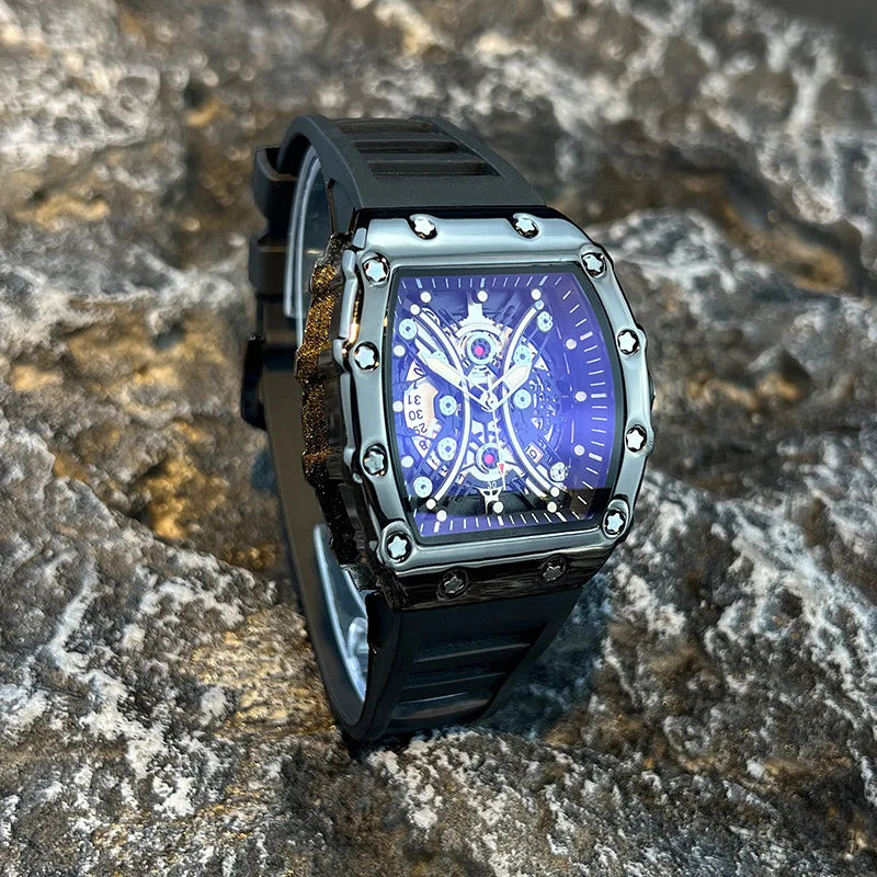 Ridley Watch in Onyx Black, skeleton dial at an angle