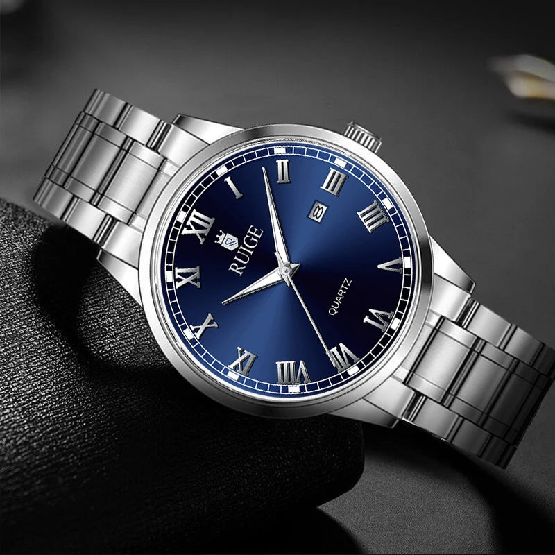 Halvern Watch, blue Roman numeral dial and steel bracelet