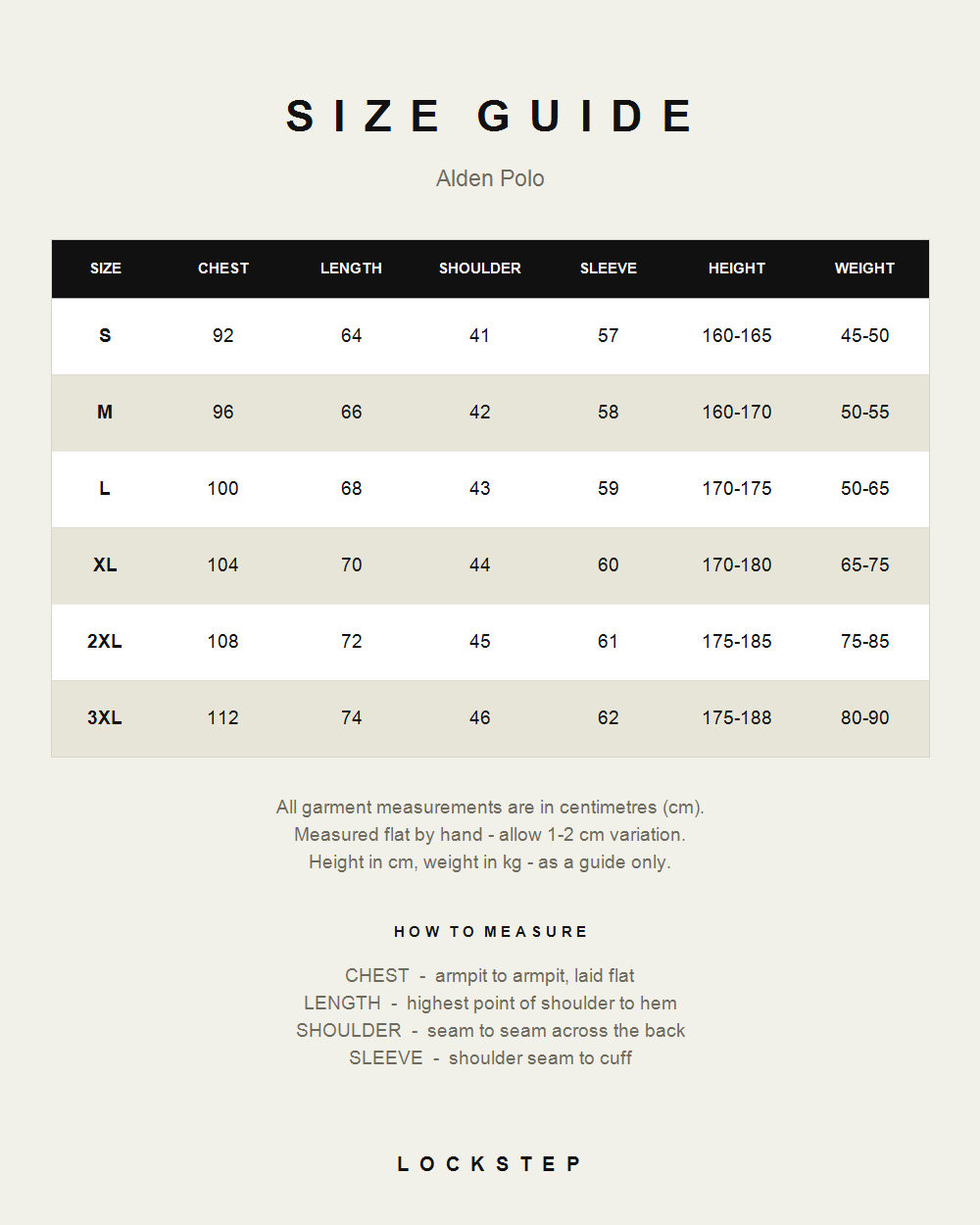 Alden Polo size guide - measurements in cm