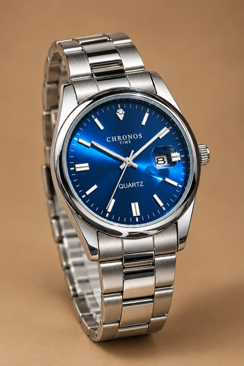 Aldren Watch in Marine Blue standing upright on its steel bracelet