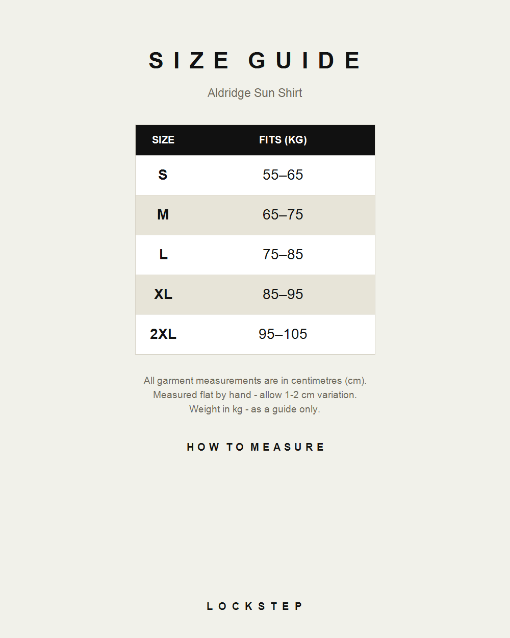 Aldridge Sun Shirt size guide - measurements in cm