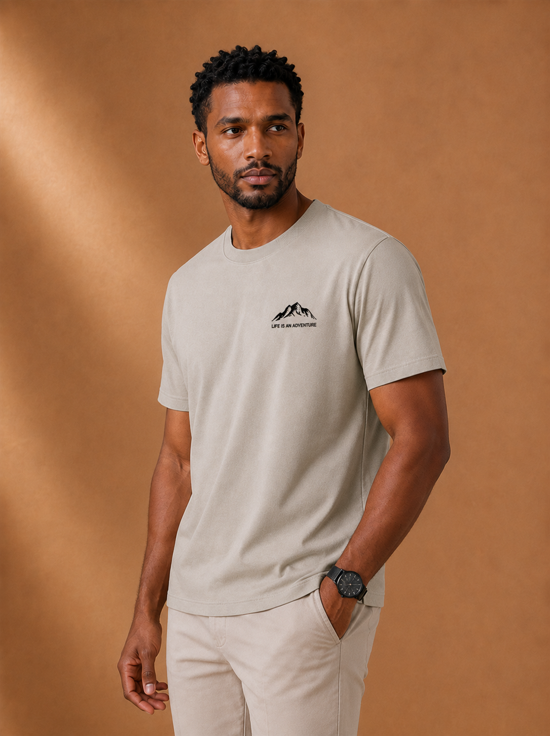 Aspen Mountain Tee, three-quarter view worn by a model, LOCKSTEP catalogue photograph