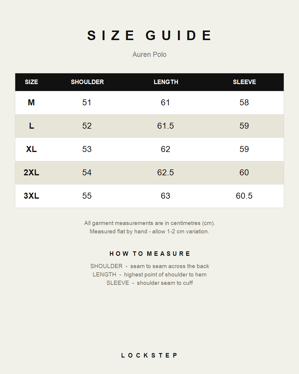 Auren Polo size guide - measurements in cm
