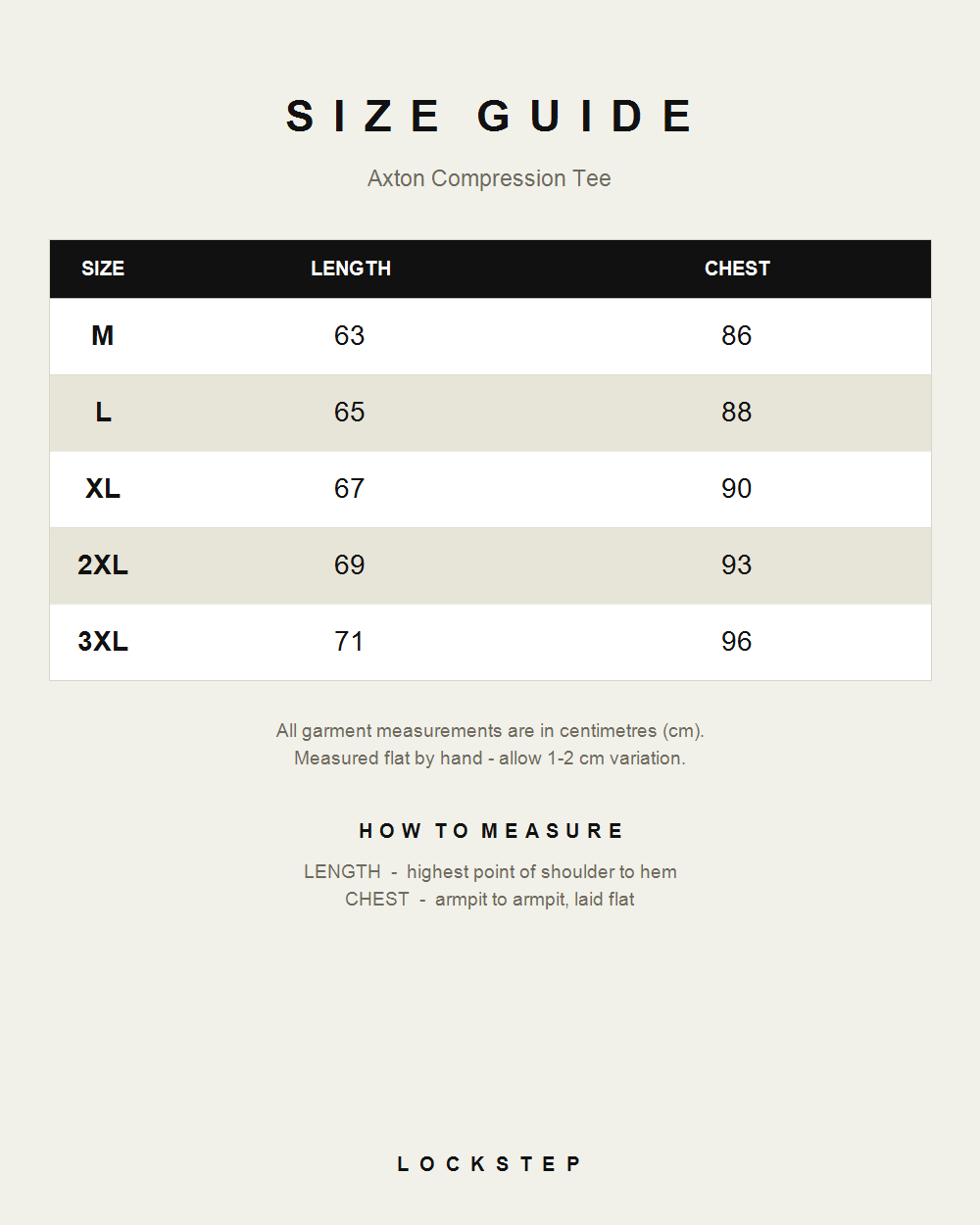 Axton Compression Tee size guide - measurements in cm