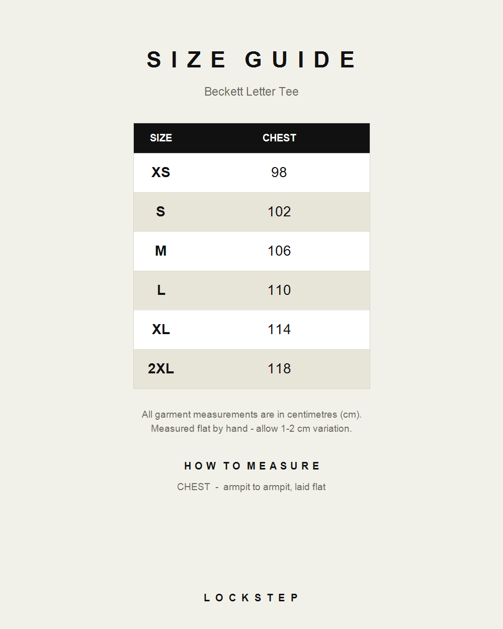 Beckett Letter Tee size guide - measurements in cm