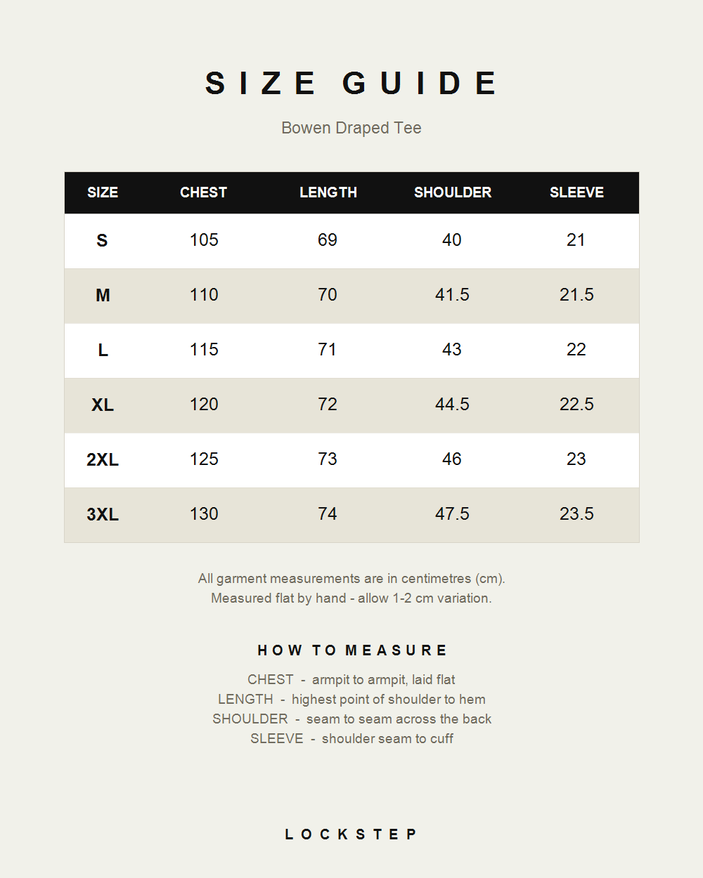 Bowen Draped Tee size guide - measurements in cm