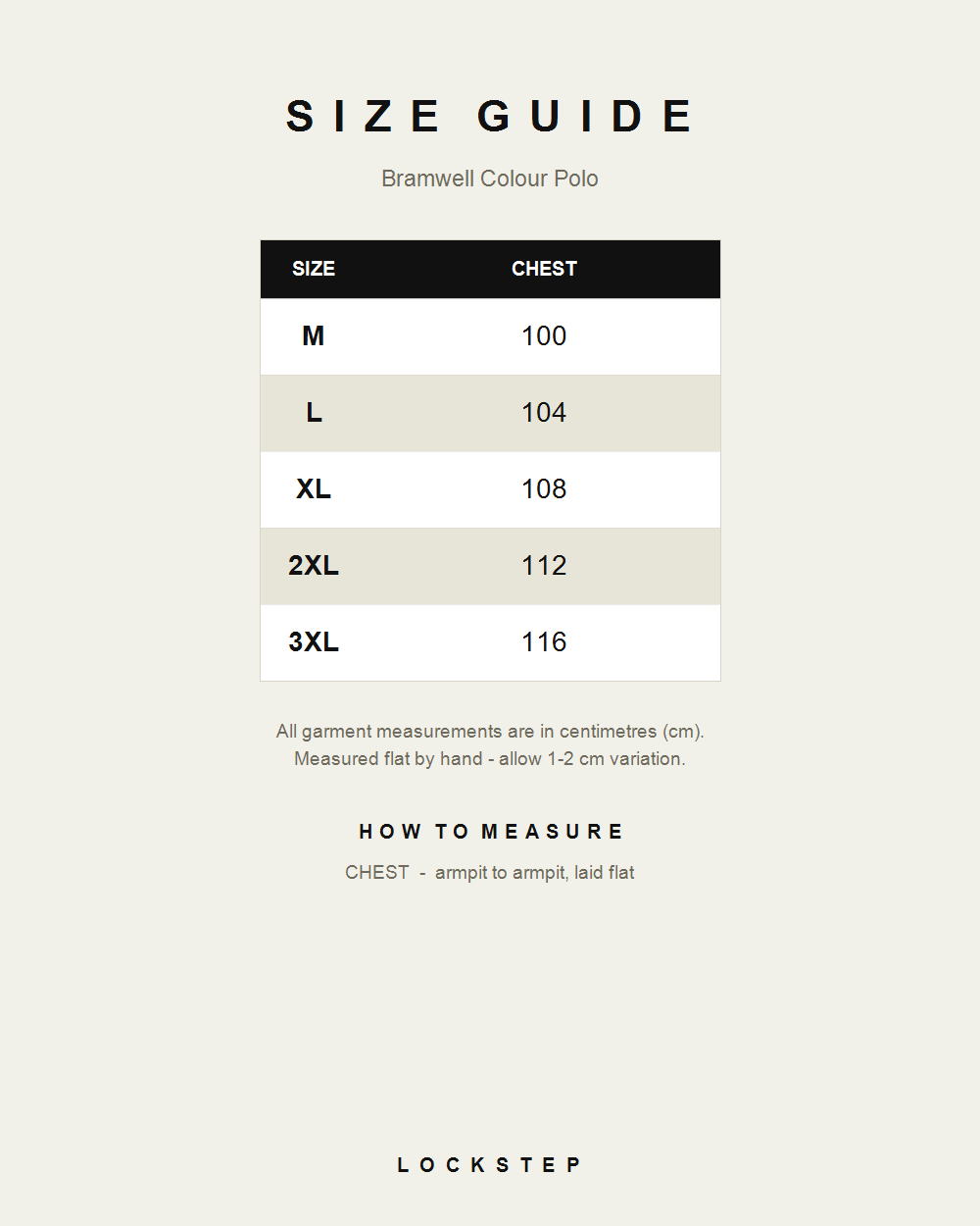 Bramwell Colour Polo size guide - measurements in cm