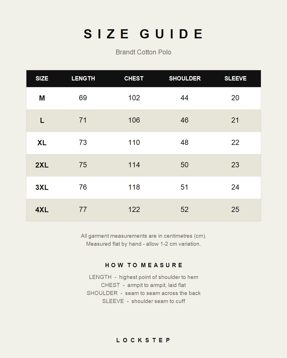 Brandt Cotton Polo size guide - measurements in cm