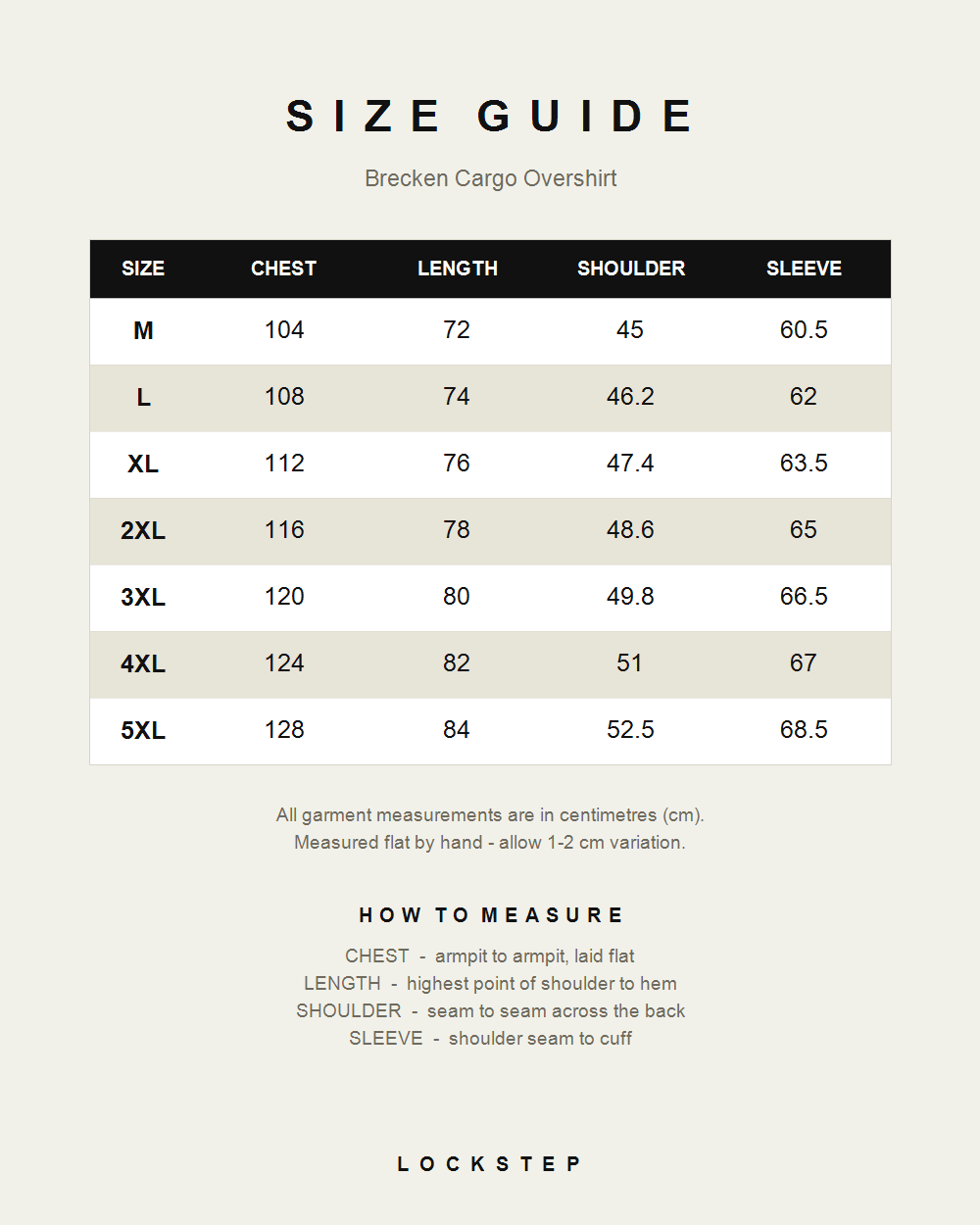Brecken Cargo Overshirt size guide - measurements in cm