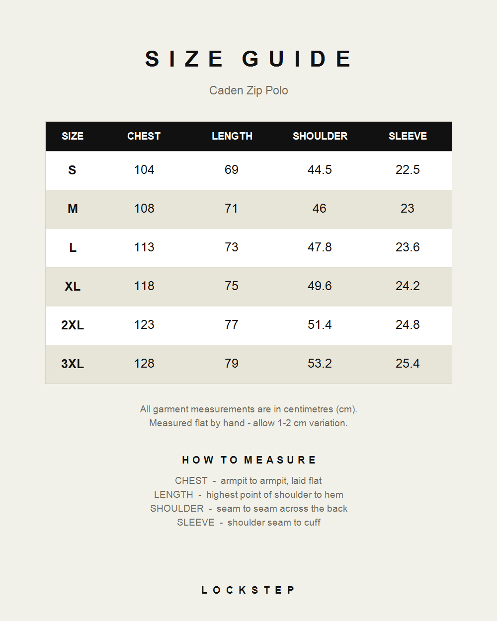 Caden Zip Polo size guide