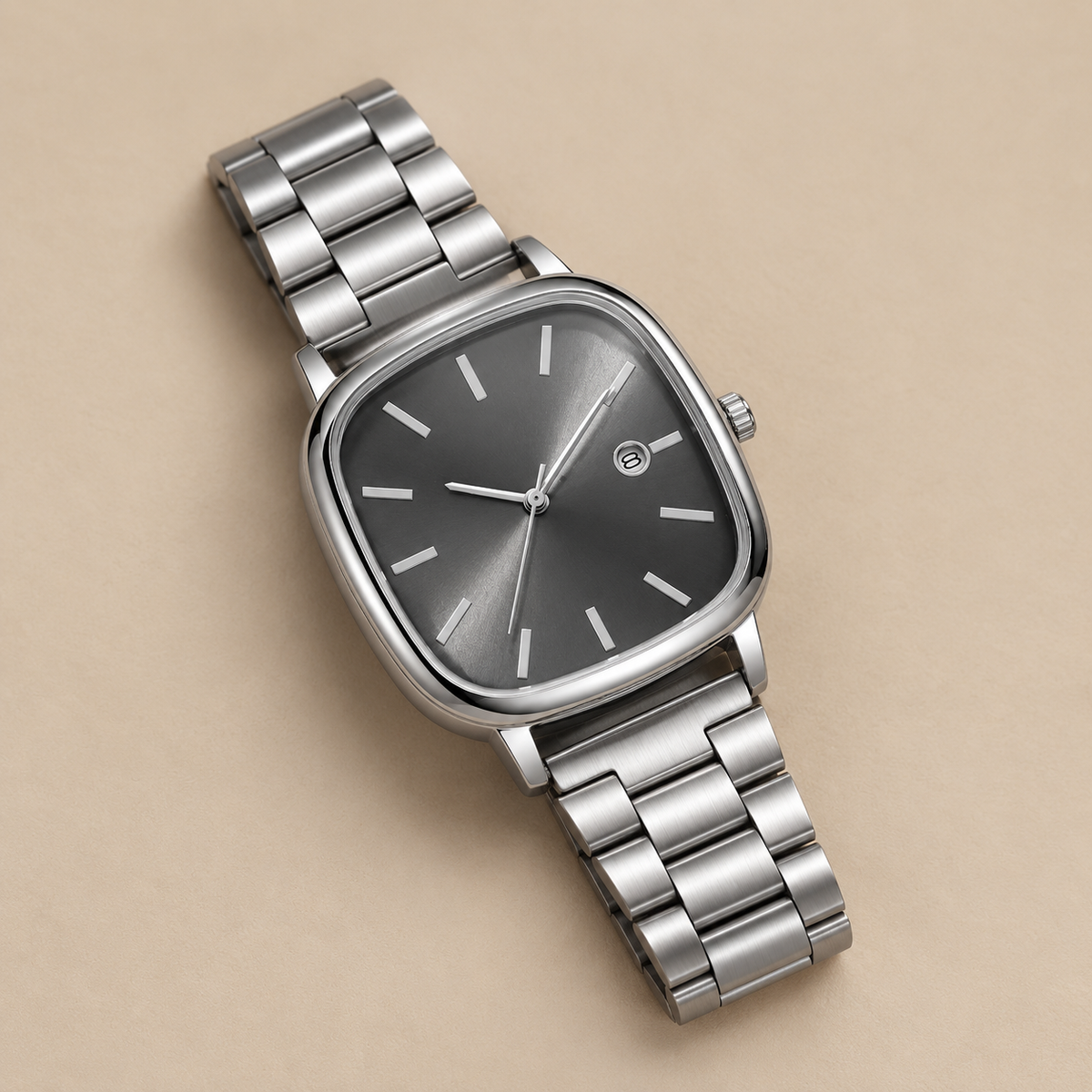 Calder Watch, 35mm cushion case with a charcoal dial on a metal bracelet