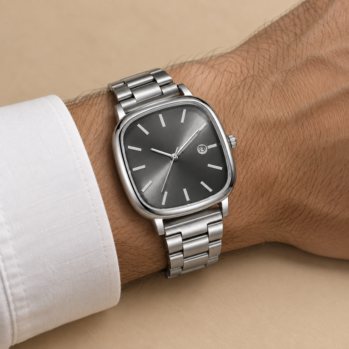 Calder Watch worn on the wrist with a white shirt cuff