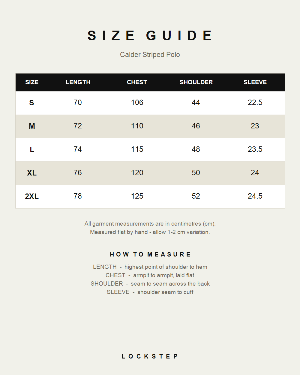 Calder Striped Polo size guide - measurements in cm