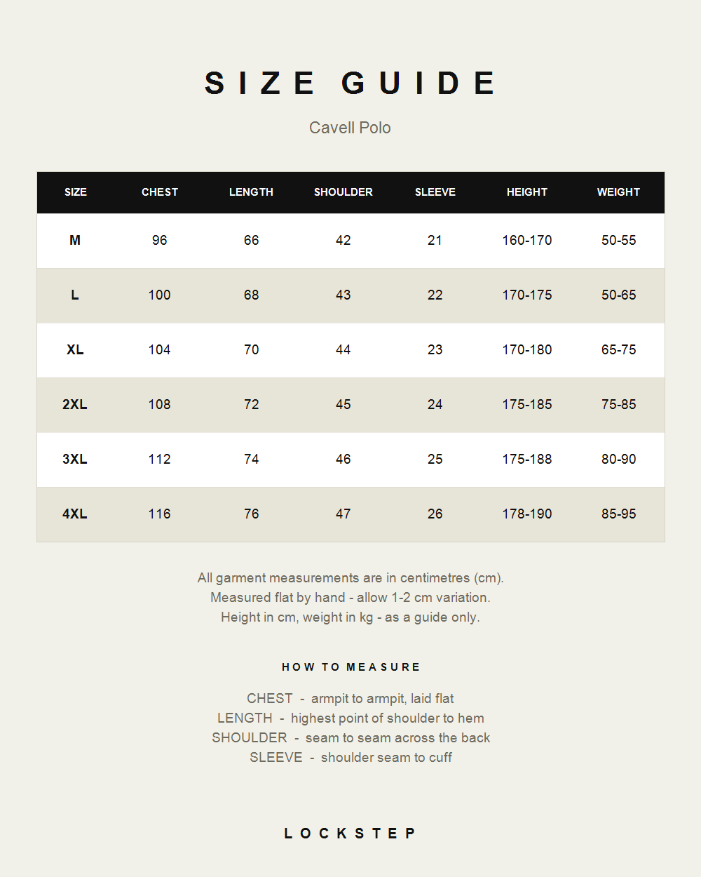 Cavell Polo size guide - measurements in cm