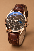 Corven Watch in Cognac Rose Gold standing upright on its leather strap