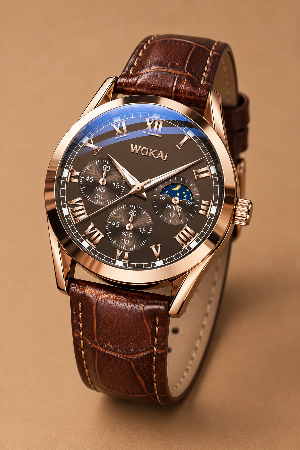 Corven Watch in Cognac Rose Gold standing upright on its leather strap