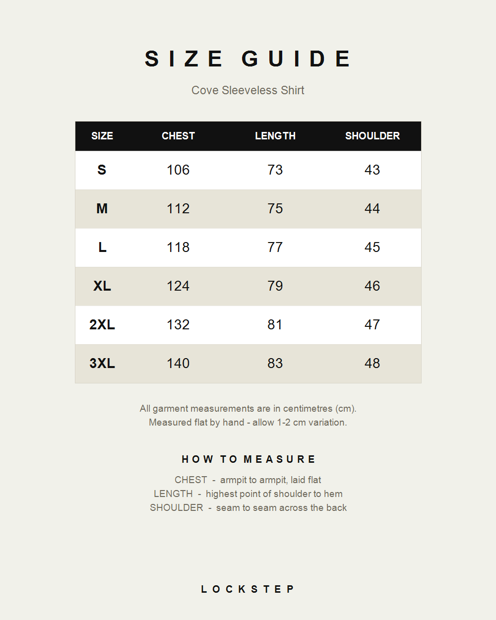 Cove Sleeveless Shirt size guide - measurements in cm