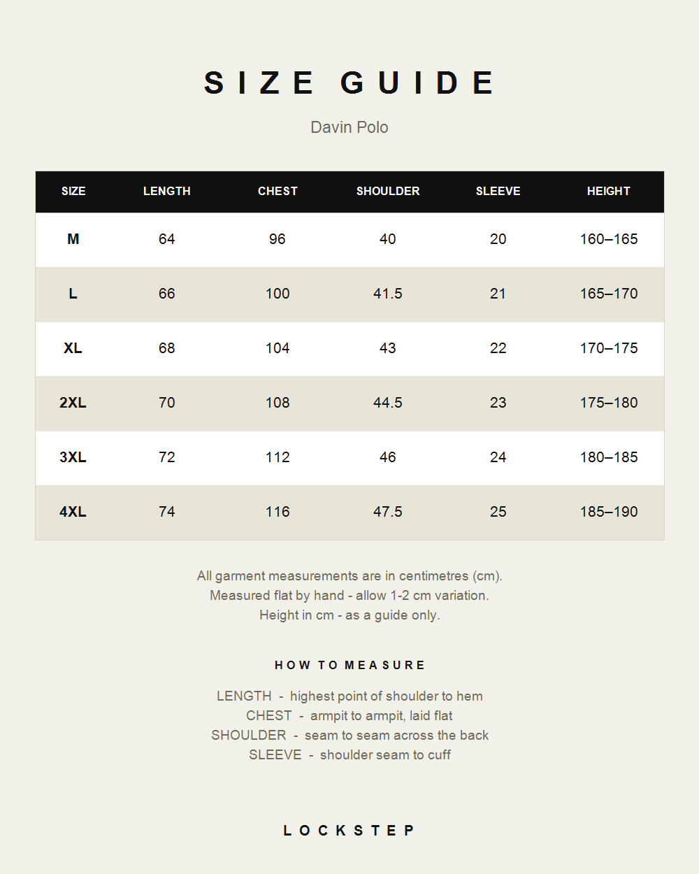 Davin Polo size guide - measurements in cm