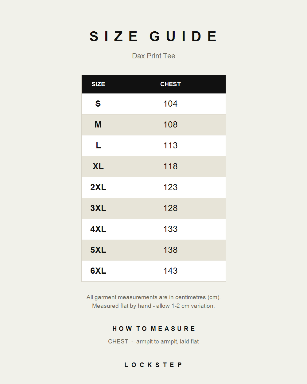Dax Print Tee size guide - measurements in cm