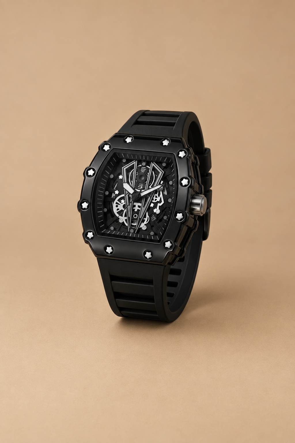 Drayton Watch, black tonneau case with a skeleton dial, standing upright