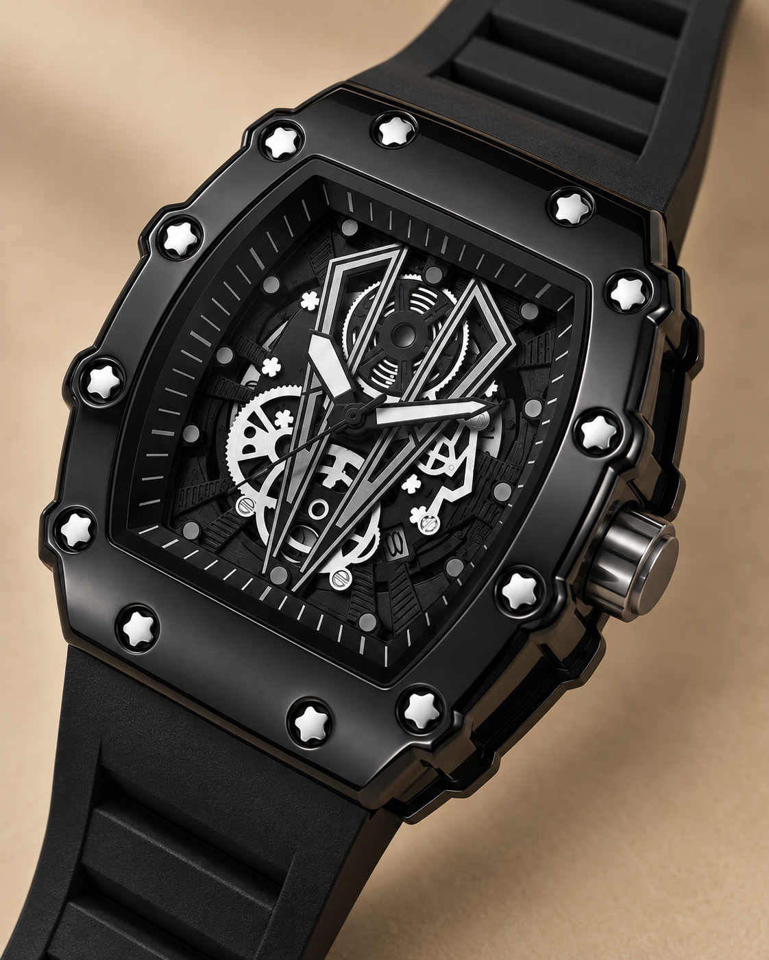 Drayton Watch skeleton dial and screw-set bezel in close-up