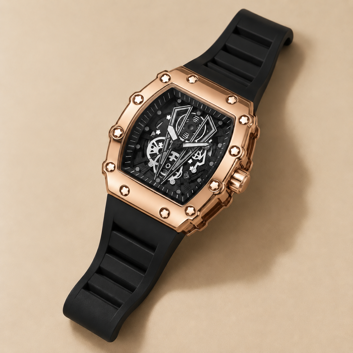 Drayton Watch in Rose Gold with a black skeleton dial