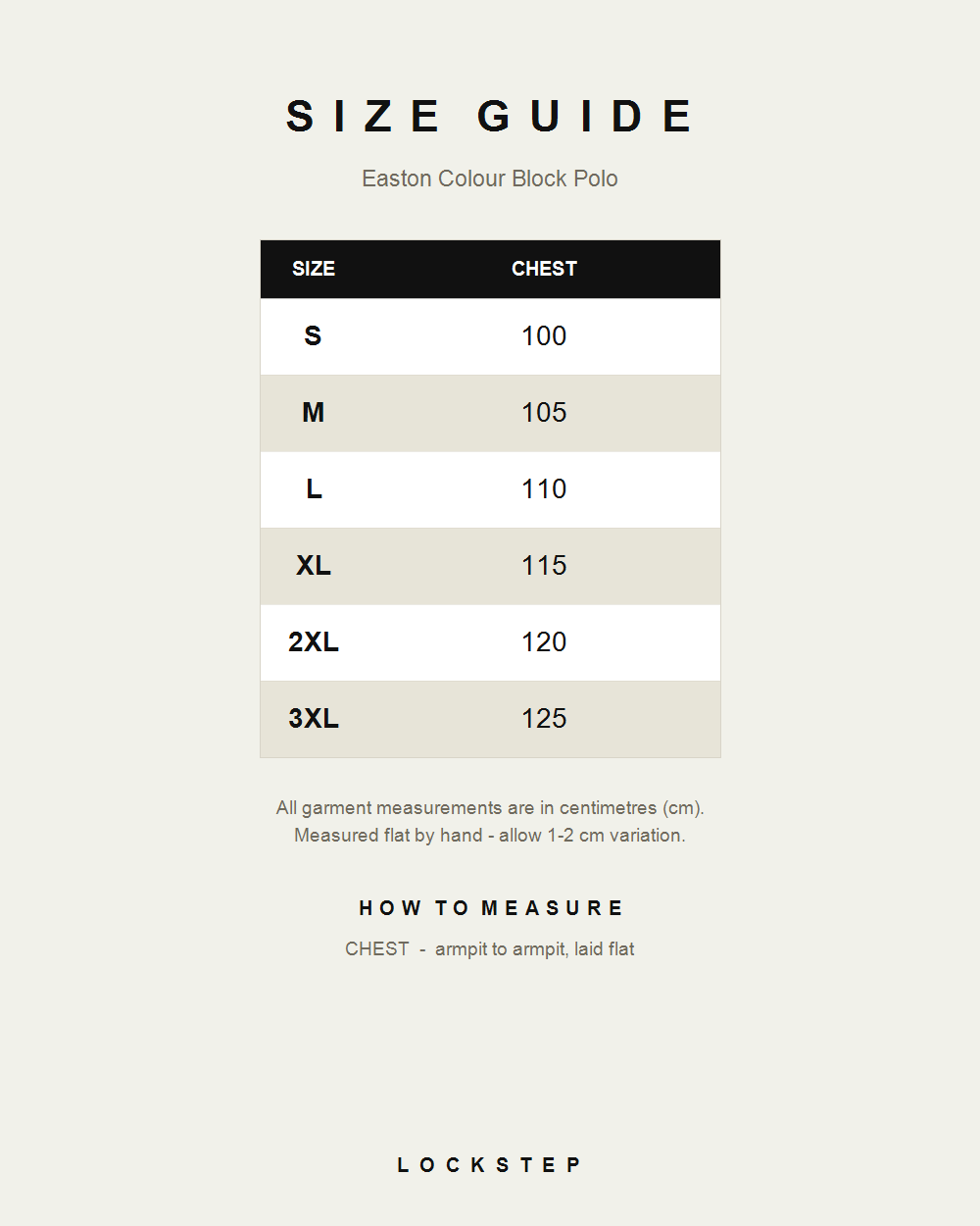 Easton Colour Block Polo size guide - measurements in cm
