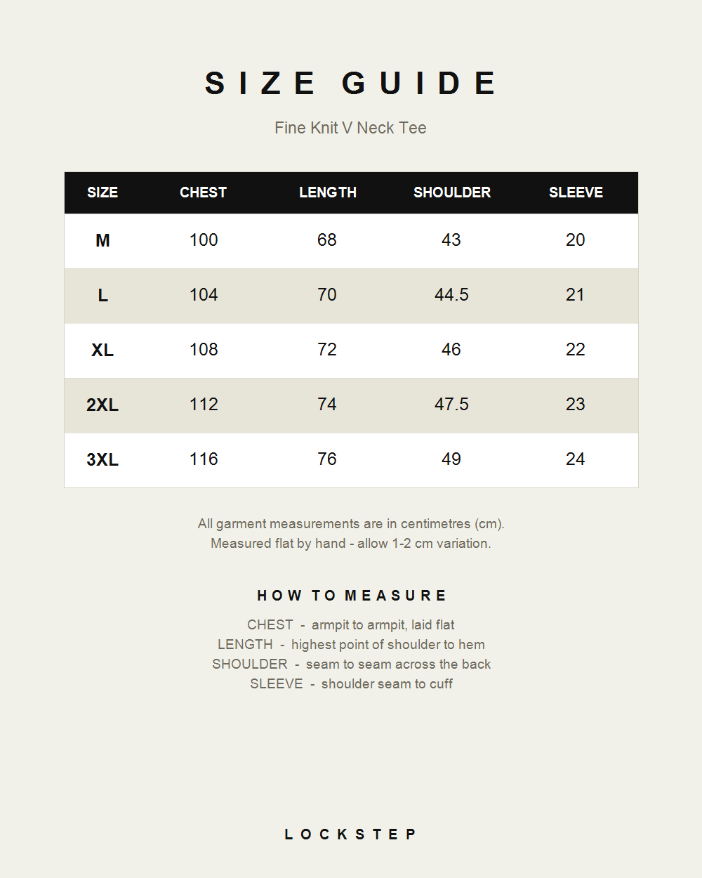 Fine Knit V Neck Tee size guide - measurements in cm