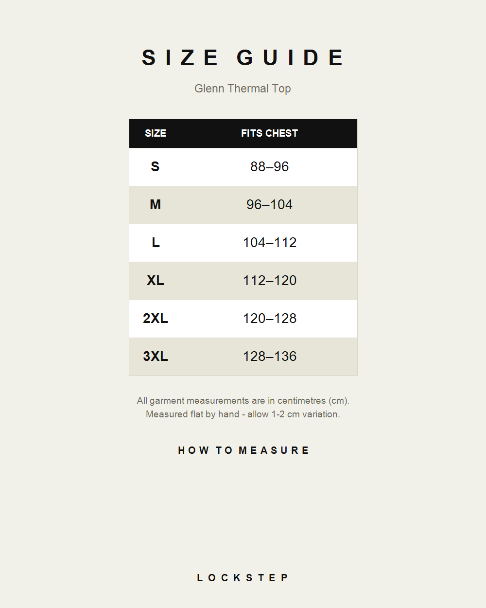Glenn Thermal Top size guide - measurements in cm