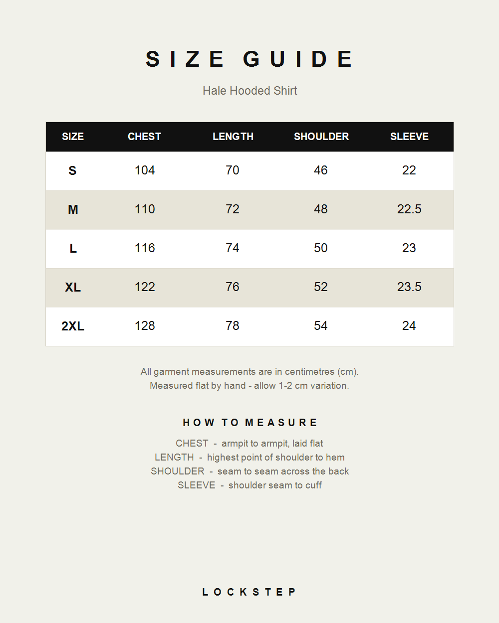 Hale Hooded Shirt size guide - measurements in cm