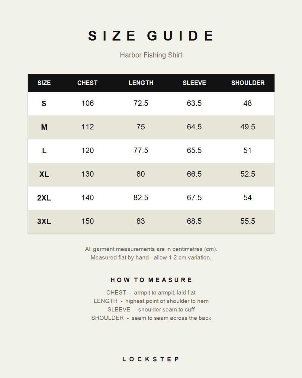 Harbor Fishing Shirt size guide - measurements in cm