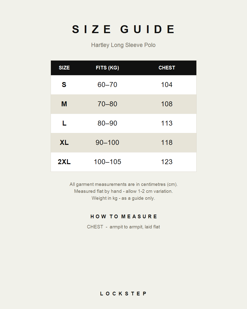 Hartley Long Sleeve Polo size guide - measurements in cm