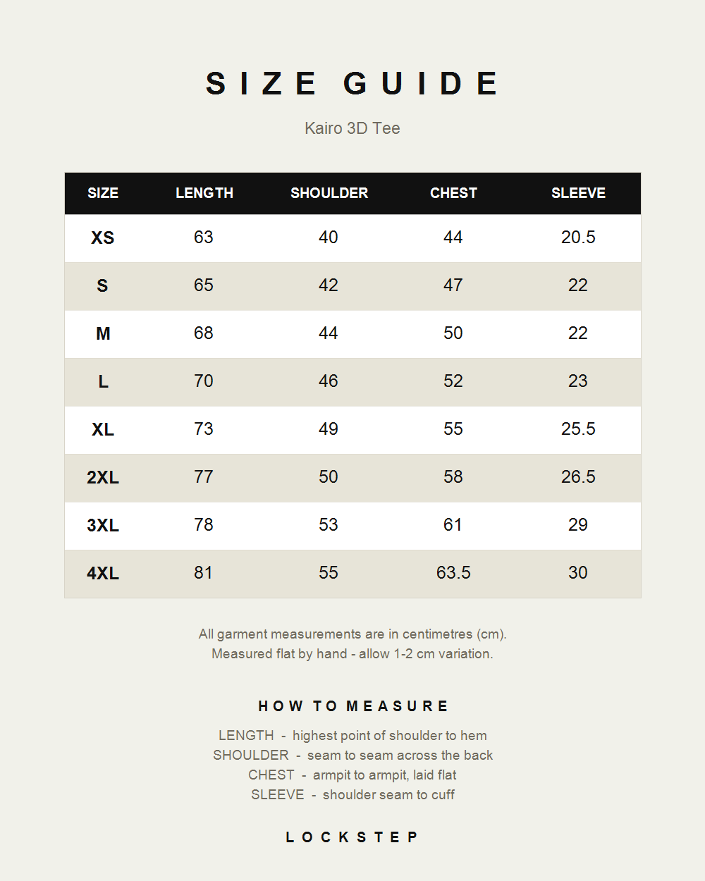 Kairo 3D Tee size guide - measurements in cm
