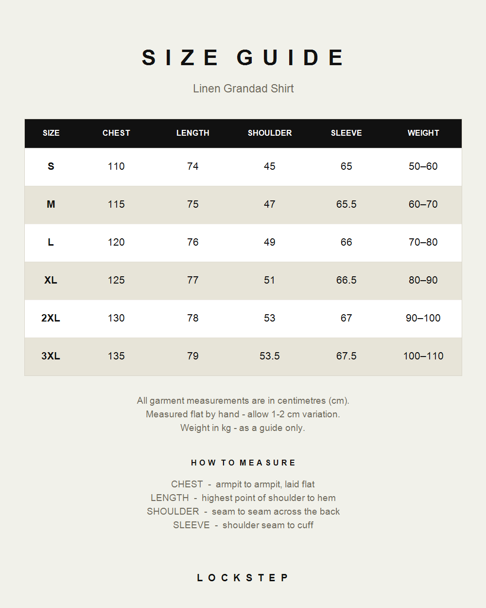 Linen Grandad Shirt size guide - measurements in cm