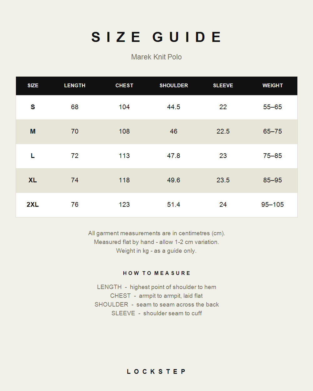 Marek Knit Polo size guide - measurements in cm