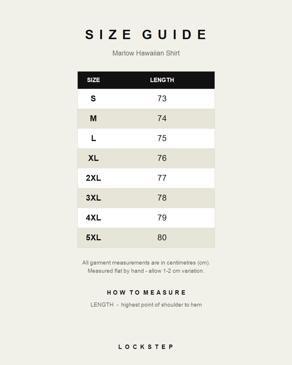 Marlow Hawaiian Shirt size guide - measurements in cm