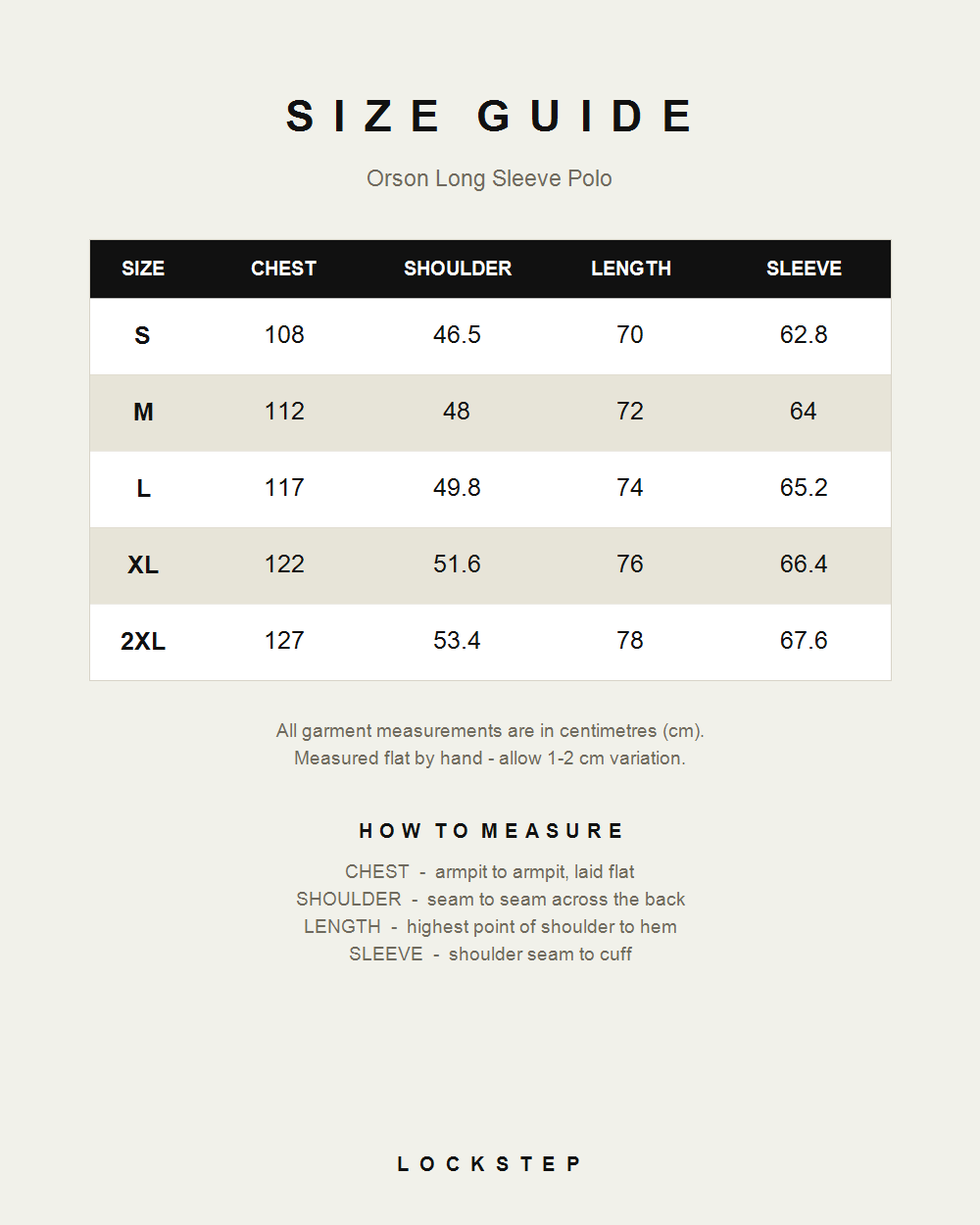 Orson Long Sleeve Polo size guide - measurements in cm
