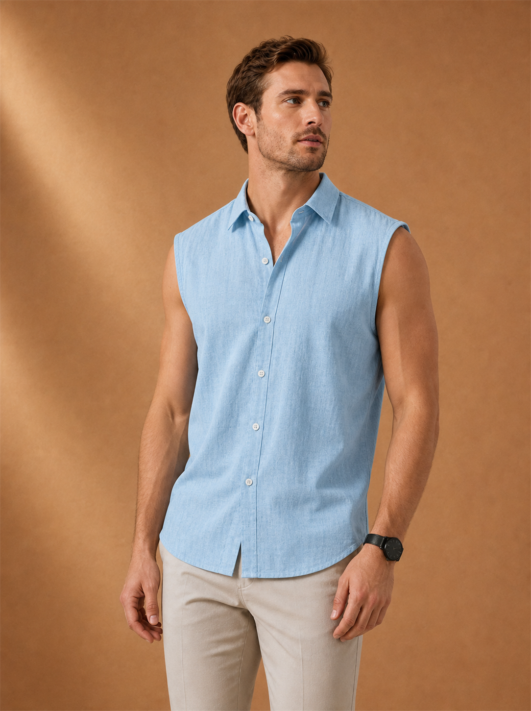 Cove Sleeveless Shirt worn by a model, LOCKSTEP catalogue photograph