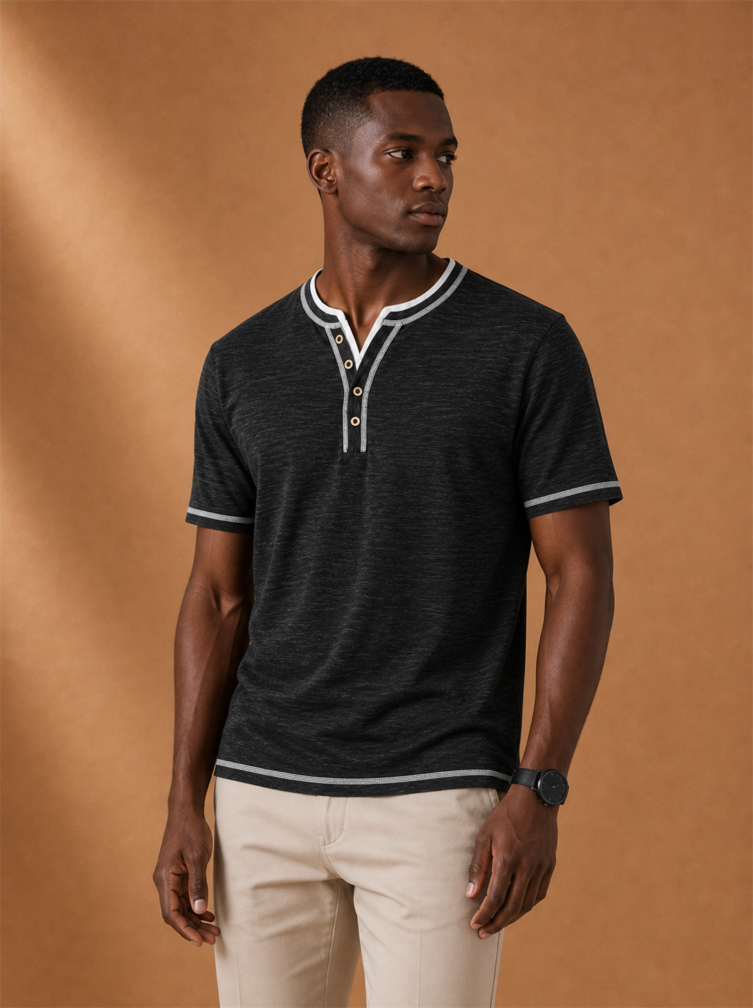 Reid Henley worn by a model, LOCKSTEP catalogue photograph