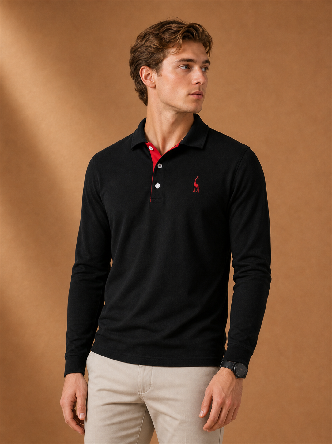 Hartley Long-Sleeve Polo worn by a model, LOCKSTEP catalogue photograph