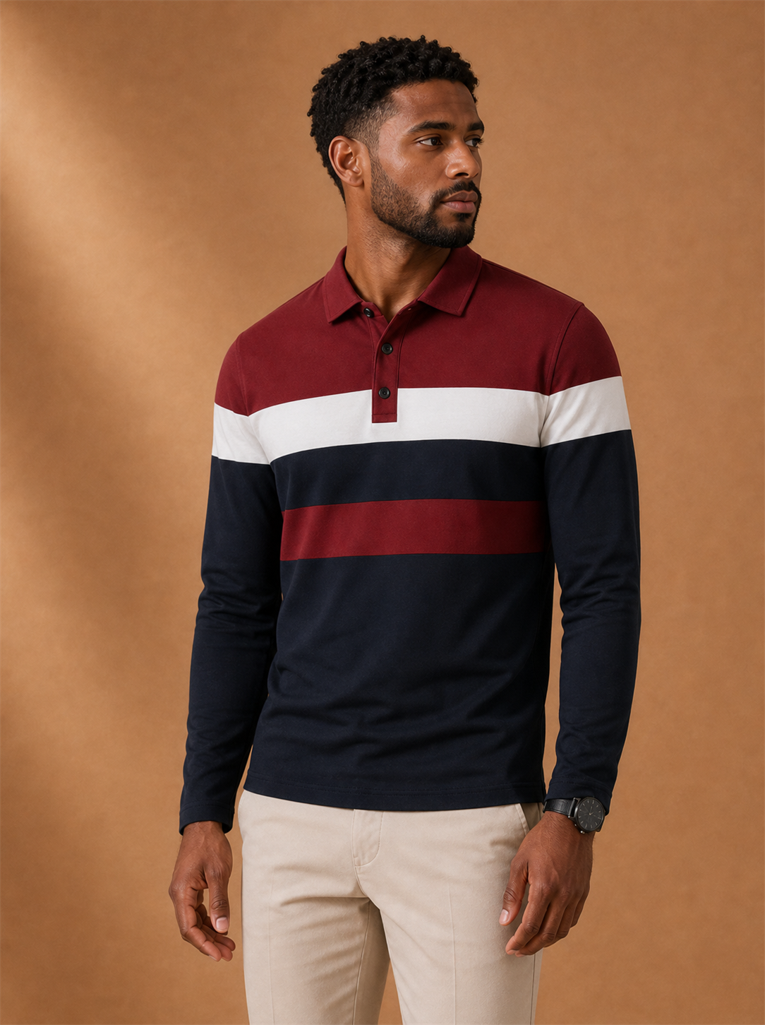 Bramwell Colour Polo worn by a model, LOCKSTEP catalogue photograph