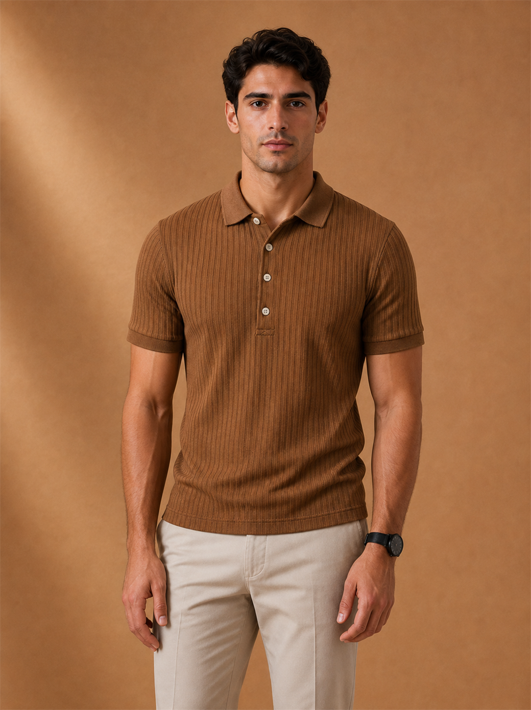 Sterling Stand-Collar Polo worn by a model, LOCKSTEP catalogue photograph