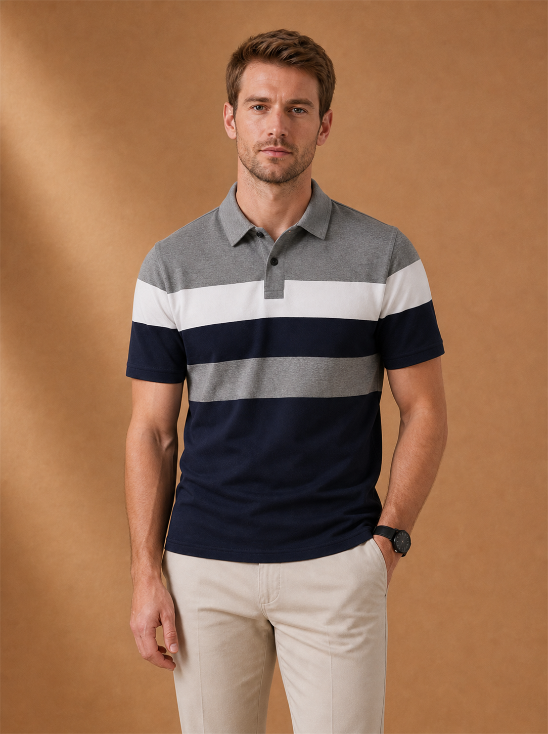Easton Colour-Block Polo worn by a model, LOCKSTEP catalogue photograph