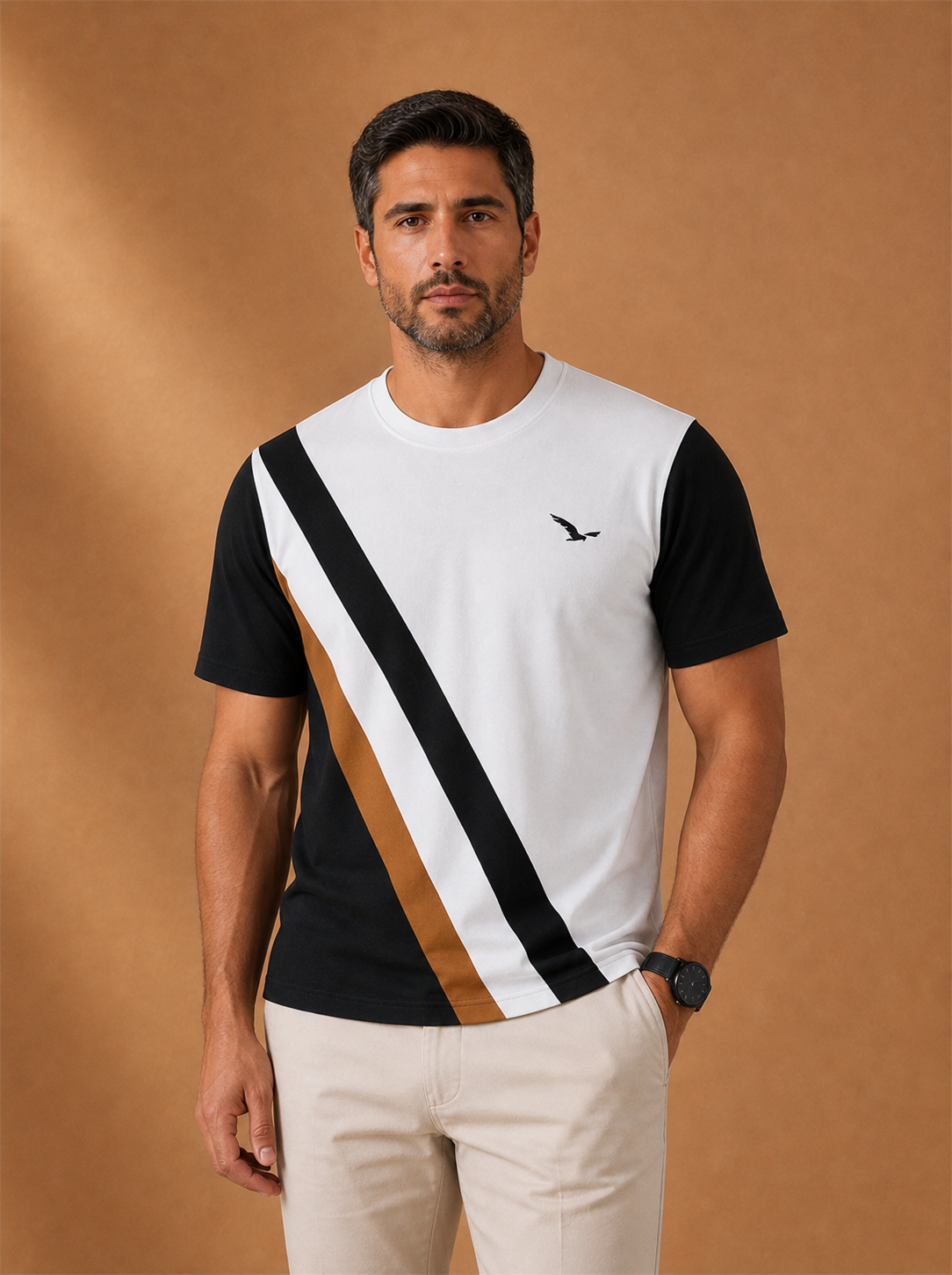 Dax Print Tee worn by a model, LOCKSTEP catalogue photograph