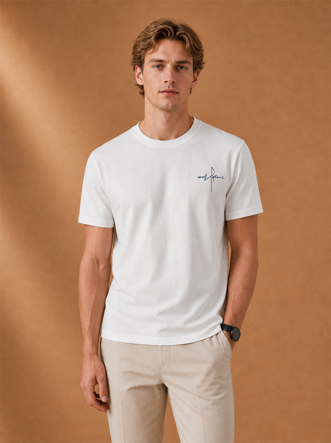 Beckett Letter Tee worn by a model, LOCKSTEP catalogue photograph