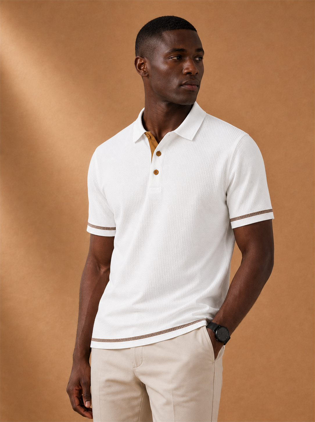 Sable Lapel Tee worn by a model, LOCKSTEP catalogue photograph
