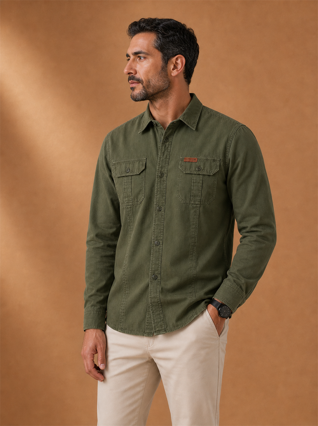 Brecken Cargo Overshirt worn by a model, LOCKSTEP catalogue photograph