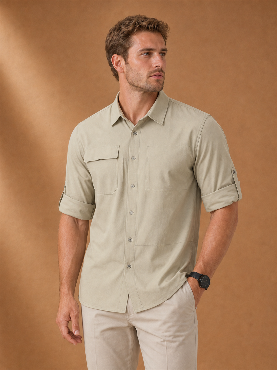 Harbor Fishing Shirt worn by a model, LOCKSTEP catalogue photograph