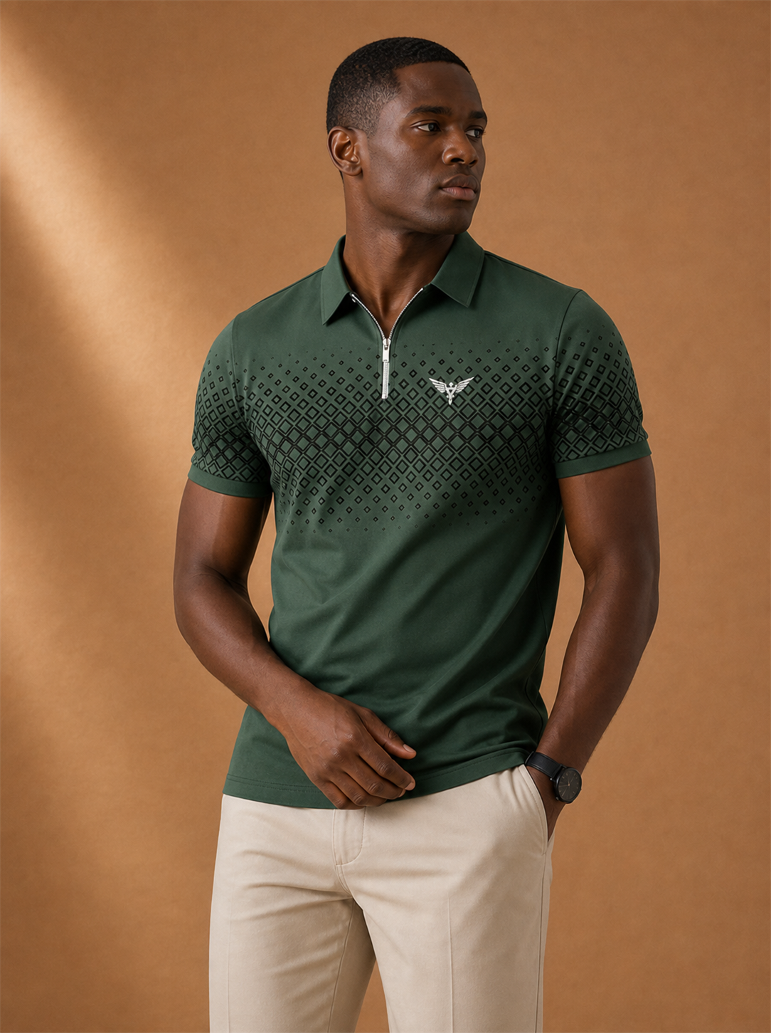 Caden Zip Polo worn by a model, LOCKSTEP catalogue photograph